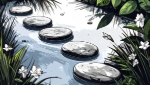 Floating stones on a pond, framed by vegitation.
