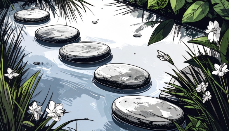 Floating stones on a pond, framed by vegitation.