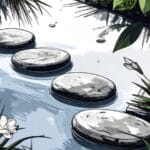 Floating stones on a pond, framed by vegitation.