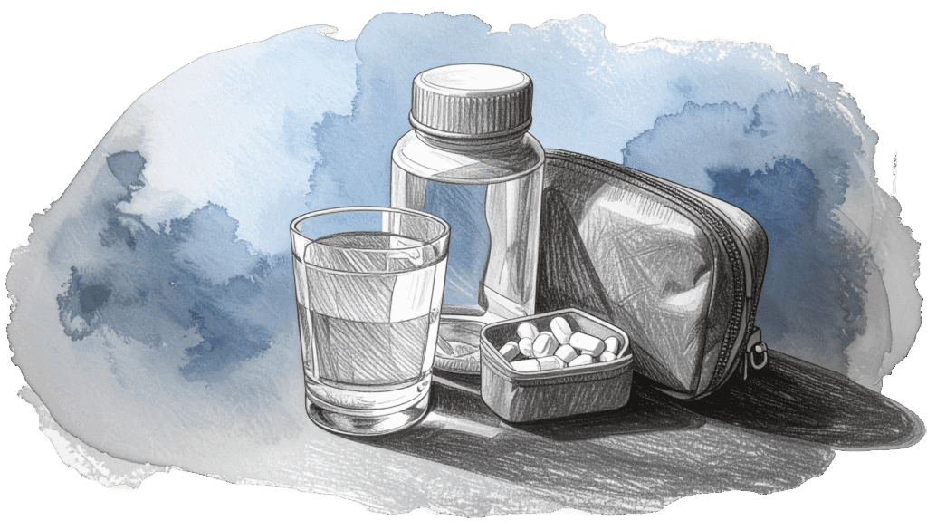 Illustration of pill bottle, pills, and glass of water.