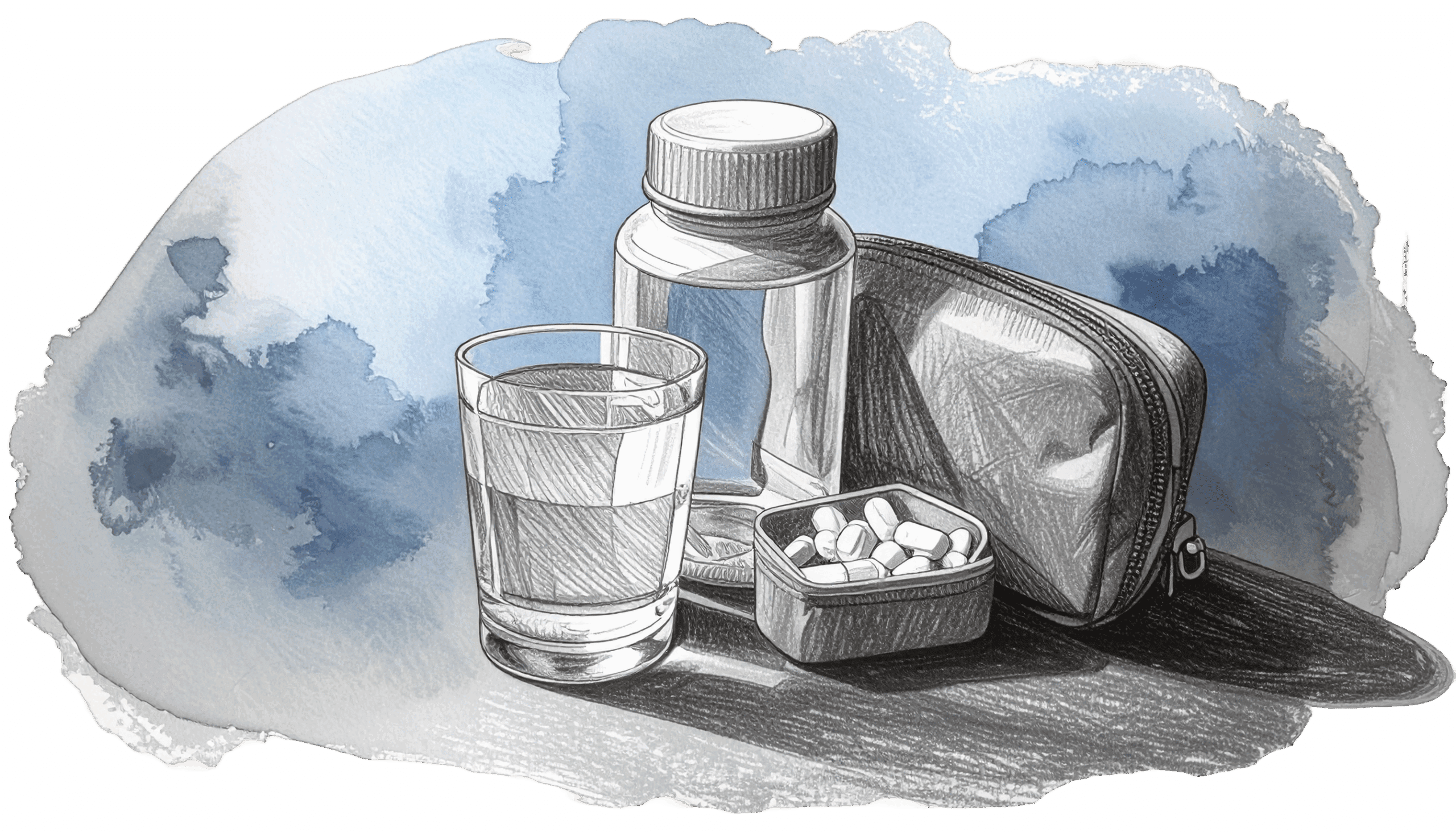 Illustration of pill bottle, pills, and glass of water.