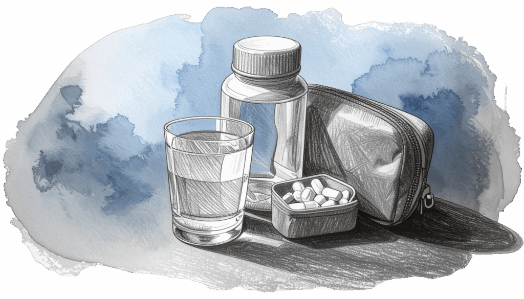 Illustration of pill bottle, pills, and glass of water.