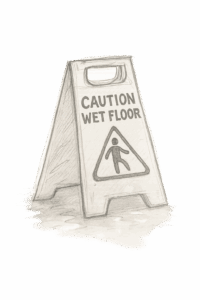 Illustration of a yellow, caution wet floor sign