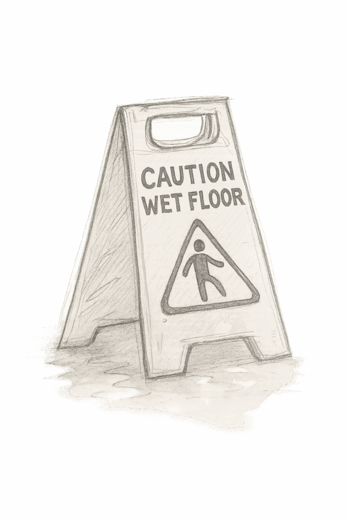 Illustration of a yellow, caution wet floor sign