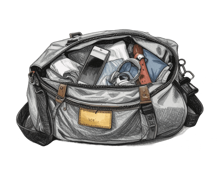 An opened duffle bag full of items for a hospital bag, including clothes, phone, and headphones.