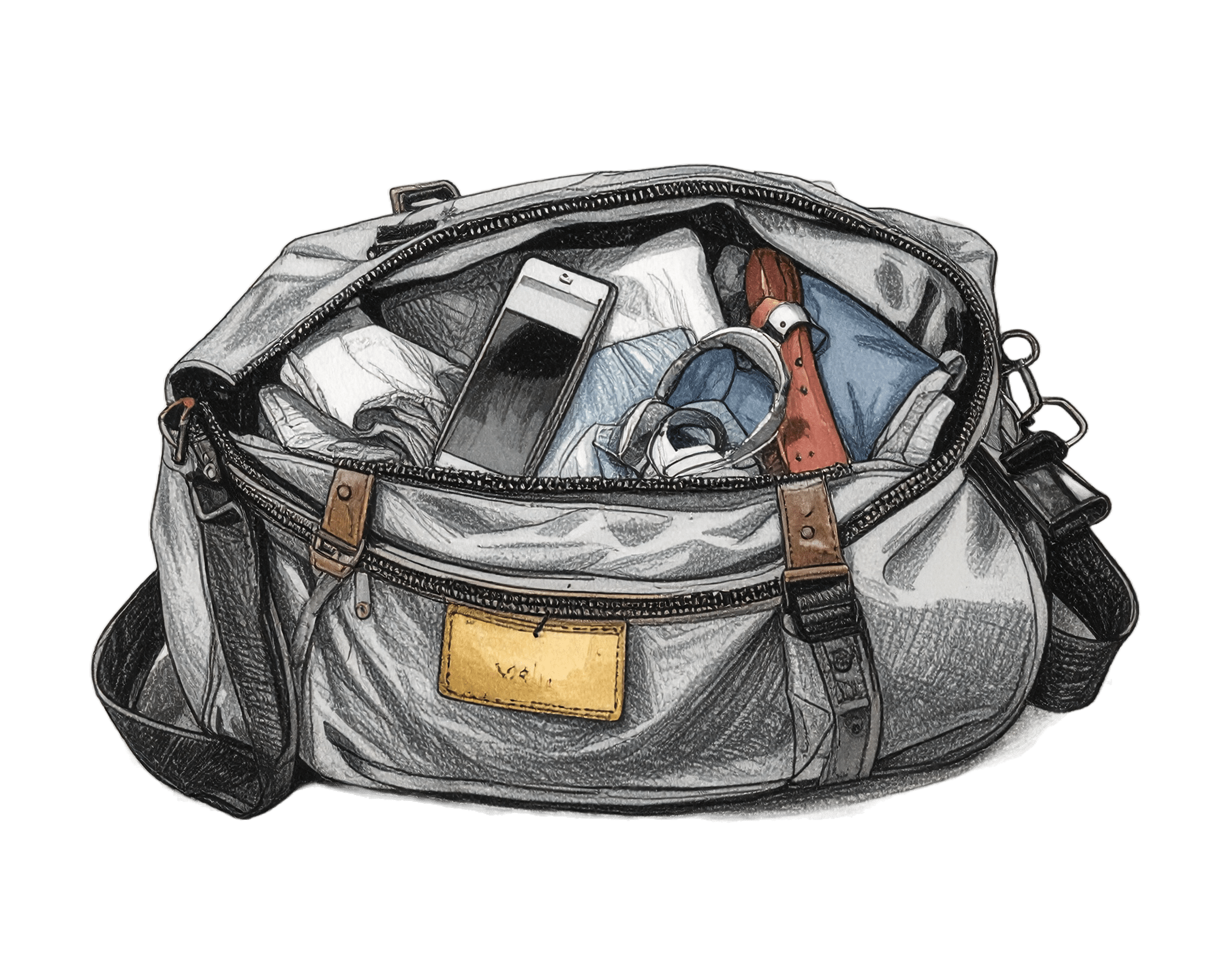 An opened duffle bag full of items for a hospital bag, including clothes, phone, and headphones.