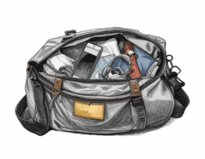 An opened duffle bag full of items for a hospital bag, including clothes, phone, and headphones.