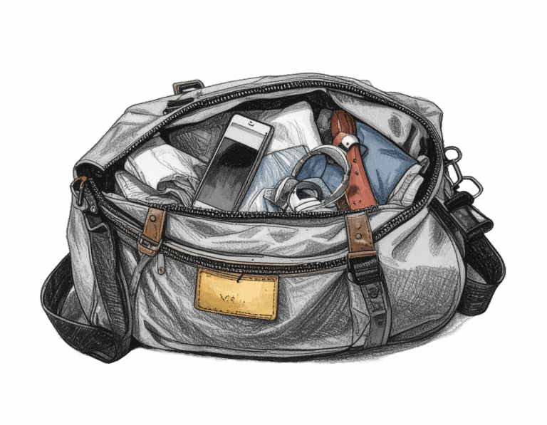 An opened duffle bag full of items for a hospital bag, including clothes, phone, and headphones.