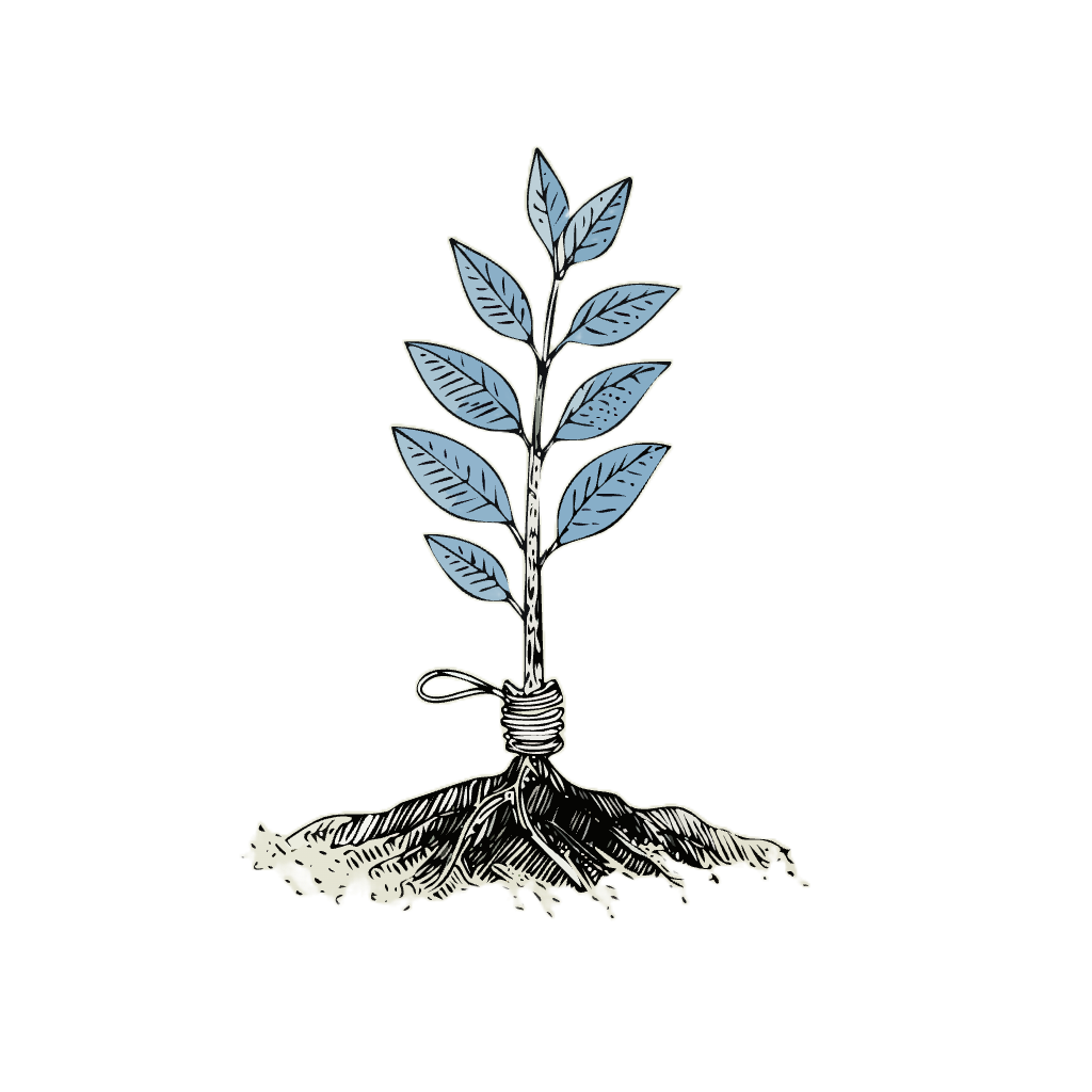 Illustration of a tree sapling with its trunk supported by rope, representing rehabilitation centers, one of the types of senior living facilities.