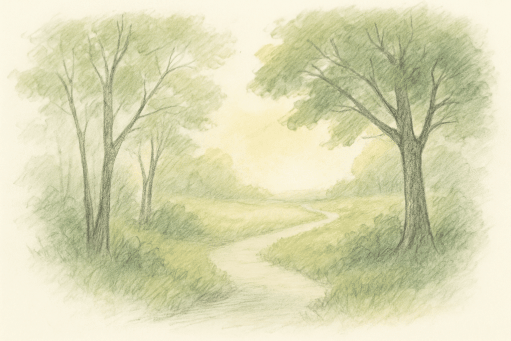 Illustration of a path between two trees, representing a path home from the hospital.