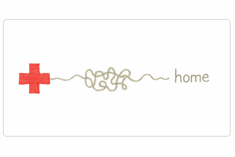 Illustration of red cross symbol with squiggly line pointing to the word home.