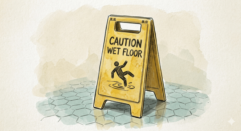 Illustration of a yellow, caution Wet Floor sign