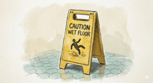 Illustration of a yellow, caution Wet Floor sign