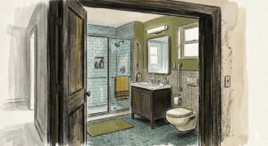 Illustrated bathroom with grab bars installed near the shower and toilet, conveying the peace of mind of a fall-proofed space.